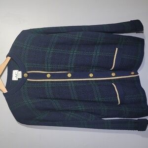 VINTAGE 80's American Collection Plaid Navy Green Grandma Core Cardigan Sweater